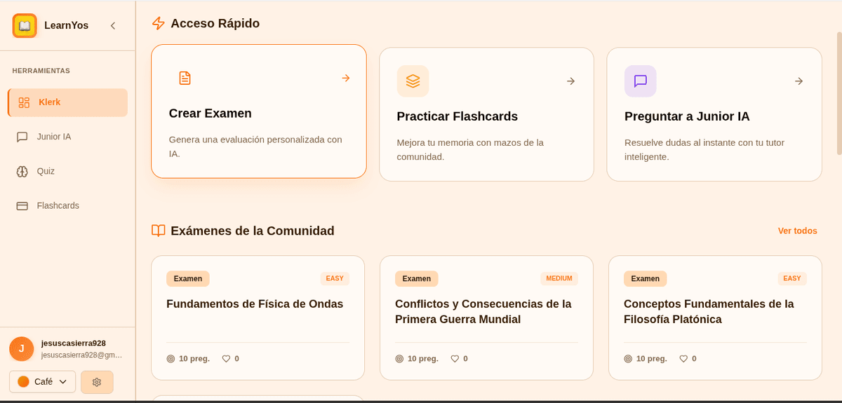 Ilustración de estudiante usando LearnYos para realizar exámenes y compartir flashcards
